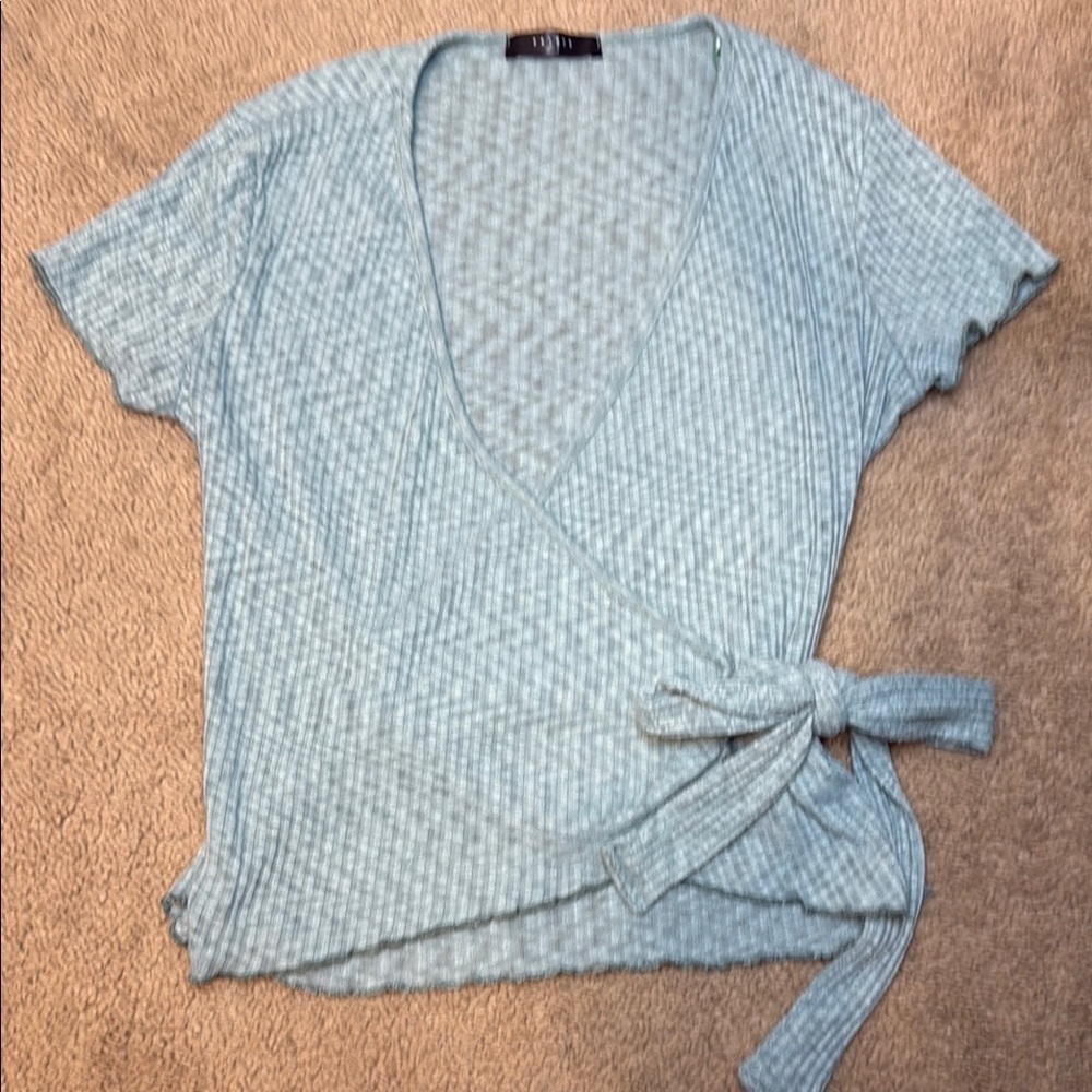 Elegant Light Blue Wrap Blouse